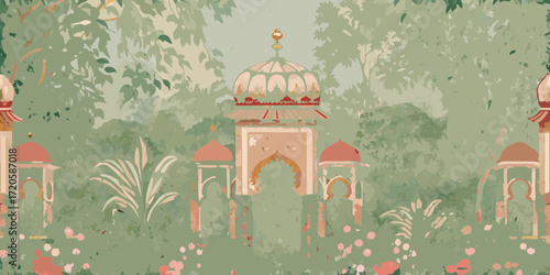 Mughal inspired garden with ornate domes and arches surrounded by lush greenery and delicate flowers