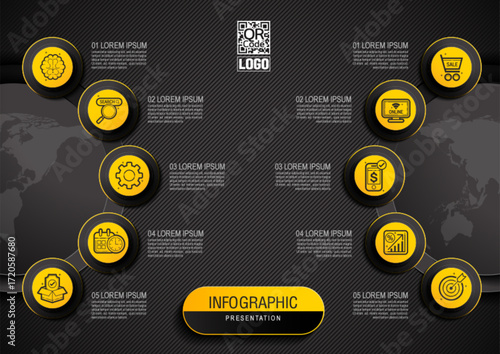 10 steps infographic layout Black and yellow color for horizontal presentation, timeline, workflow and business report. Illustration template. Not generated by AI.
