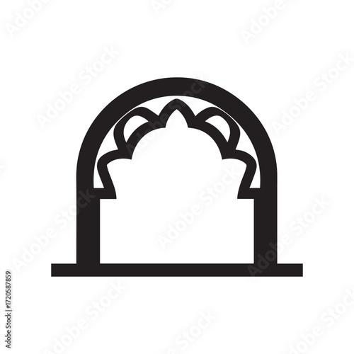 Decorative arabesque archway outlined in black with ornate eastern curves on a white background