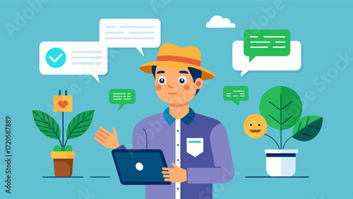 A virtual assistant powered by AI provides farmers with personalized recommendations and reminders for crop management tasks such as fertilization and pest control to optimize. Vector illustration