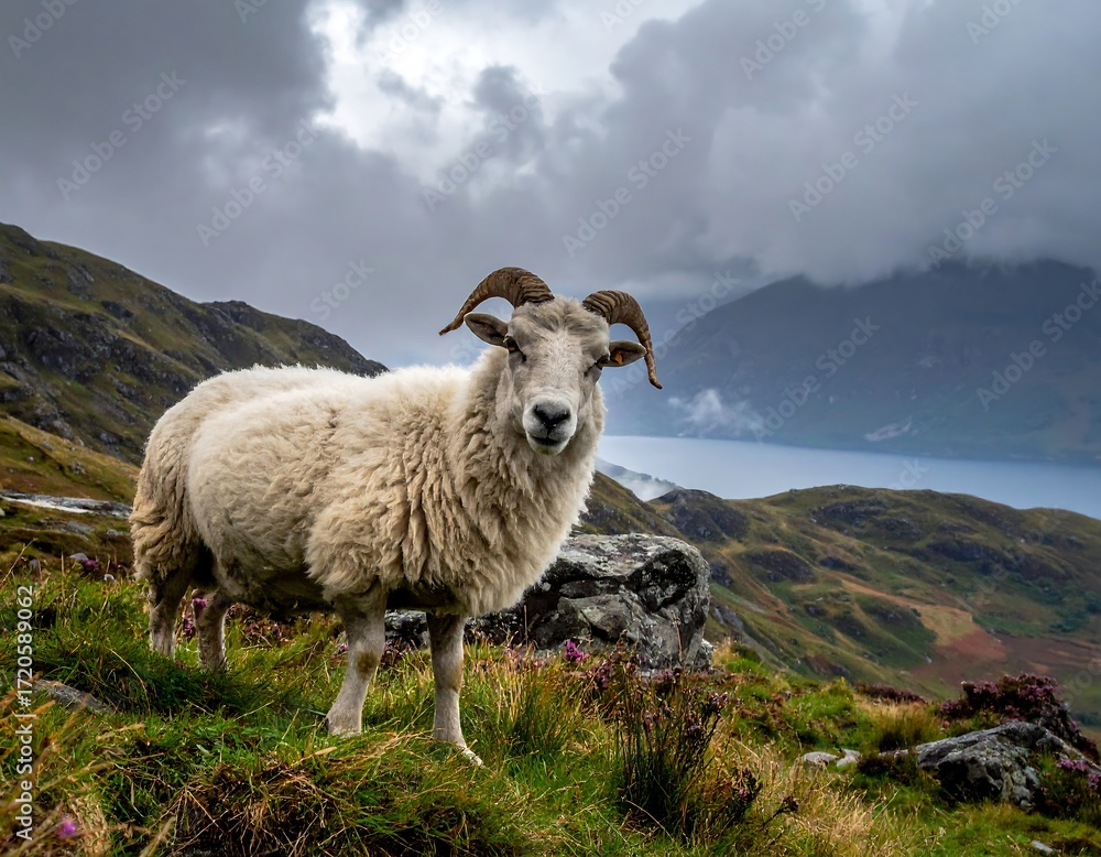 Fototapeta premium Sheep on a mountain overlooking a lake