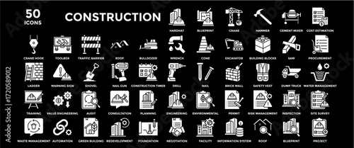 Construction white icon. Containing design industry, construction, site, business, safety, architecture	