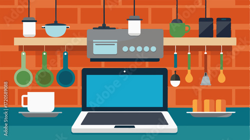 Against a backdrop of hanging pots and pans a laptop is set up on the counter of a bustling commercial kitchen utilized by the chef for recipes and menu planning.. Vector illustration