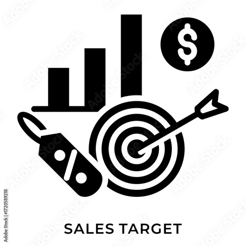 Bold Blue Sales Target Icon with Growth Bars - A strong dark blue design representing accurate goal achievement