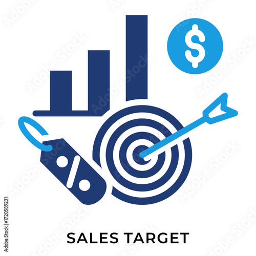 Bold Blue Sales Target Icon with Growth Bars - A strong dark blue design representing accurate goal achievement