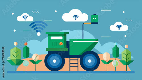 A smart fertilizer spreader equipped with advanced computer systems automatically adjusting the application rate based on soil characteristics and crop needs reducing fertilizer. Vector illustration
