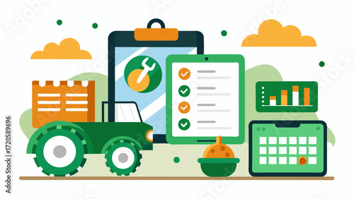 A smart agriculture app that allows farmers to track and manage maintenance schedules for all their equipment ensuring timely and efficient maintenance to prevent costly downtime.. Vector illustration