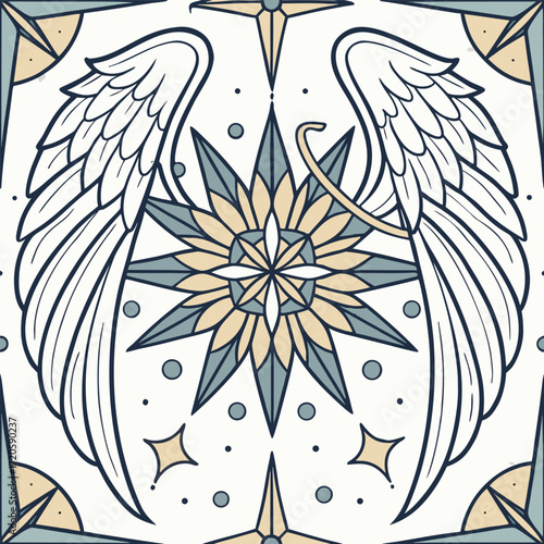 A mystical mandala design featuring glowing angel wings symbolizing spirituality peace and divine protection perfect for spiritual or angelic themes