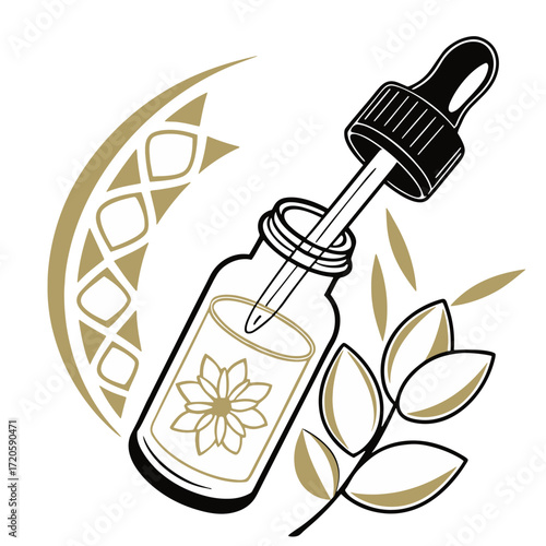 Stylized vector icon of a Moroccan argan oil bottle with golden liquid, flat design, perfect for cosmetic, skincare, and natural product illustrations.