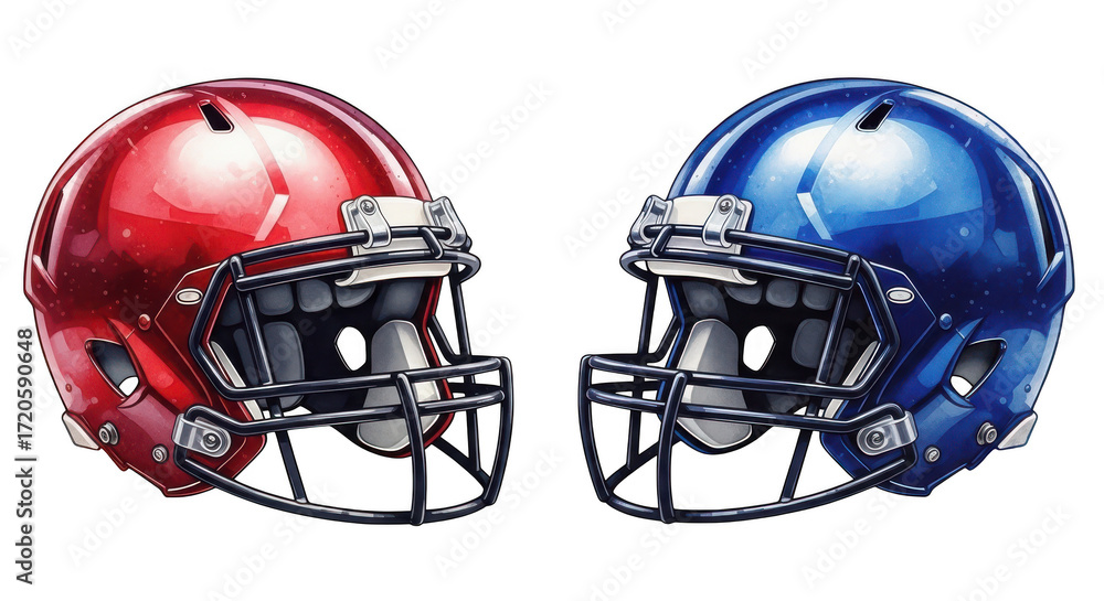 Naklejka premium Two american football helmets isolated on transparent background facing each other