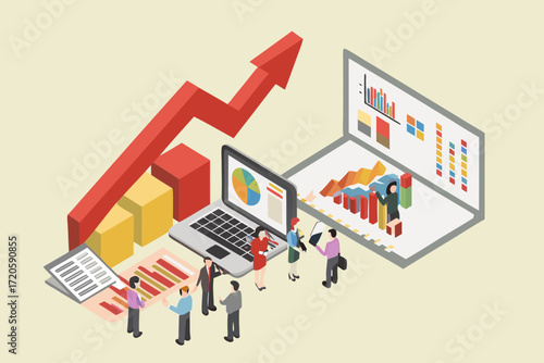 Business team analyzing financial charts and graphs on laptops and reports with upward trending arrow