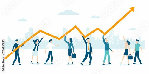 Diverse business professionals celebrate upward trending stock market graph against city skyline background
