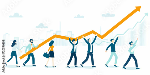 Diverse business team collaboratively lifts and carries an upward trending orange arrow representing growth and success