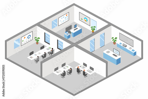 Isometric view of a modern office space with multiple rooms including a boardroom and workstations