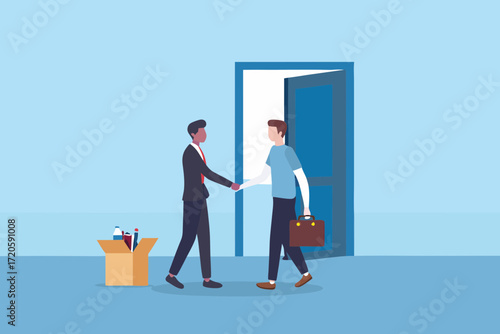 Two men shaking hands in front of an open doorway with a box of supplies nearby