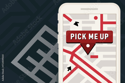 Smartphone displaying a map with a pick me up location pin and navigation arrows