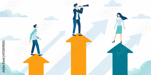 Business people climbing upward arrows representing growth and future vision with a telescope