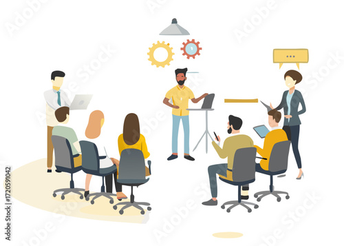 Diverse team collaborating in a modern office setting during a business presentation and discussion