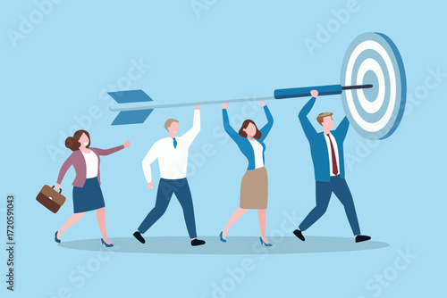 Diverse business team working together to achieve a common goal by carrying a dart and target