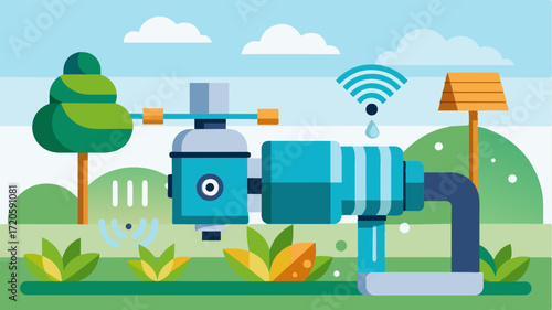 A smart water pump that can be controlled remotely to adjust water output and prevent over irrigation.. Vector illustration