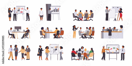 Diverse business professionals collaborating in various office meeting and presentation scenarios