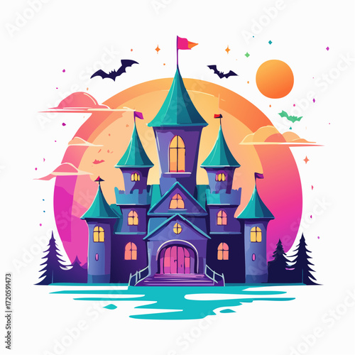 Whimsical fantasy castle illustration glowing with vibrant pink and purple hues under a magical sunset sky, adorned with flying bats, perfect for enchanting tales