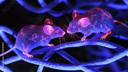 Two glowing DNA strands forming a tiny luminous mouse silhouette, representing genetic innovation.
