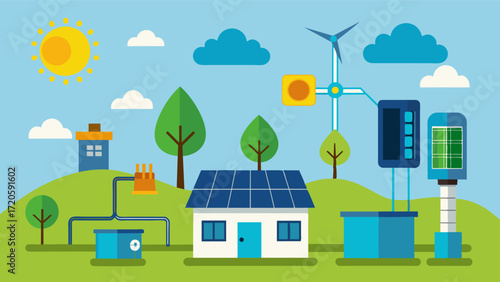 A solarpowered system that utilizes renewable energy to power pumps heaters and other components reducing the reliance on traditional energy sources.. Vector illustration