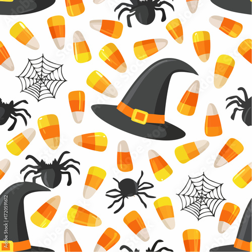 Spooky Halloween Seamless Pattern with Witch Hats, Candy Corn, and Spiders on White Background, Perfect for Festive Holiday Designs, Textile Prints, and Digital Decoration