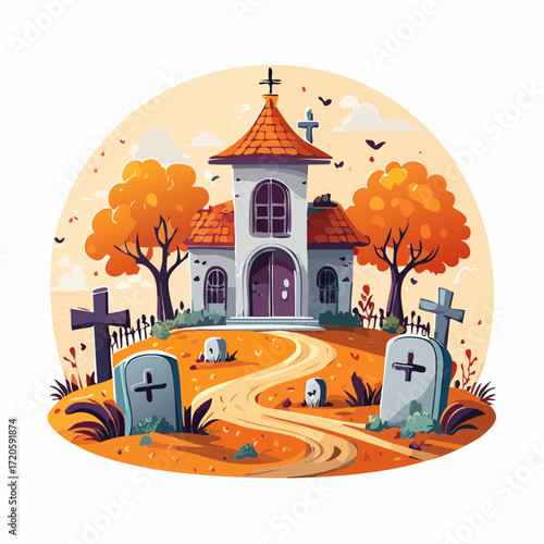 Vector illustration of a spooky haunted church in a creepy graveyard during an autumn sunset with flying bats