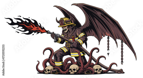 Demonic Firefighter with Wings Tentacles and Flaming Water Hose Ready to Fight.