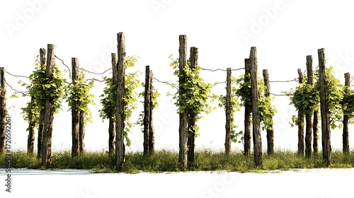 Vineyard Row with Aged Wooden Posts and Green Leaves Against a White Background
