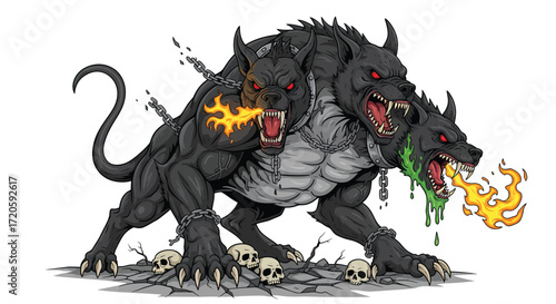 ThreeHeaded Cerberus with Fiery Breath and Chains Guarding Skulls on Cracked Stone.