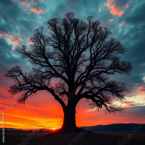 Wallpaper Mural Glowing tree in dramatic sunset sky, warm terracotta and cool teal colors, earthy and cool contrast Torontodigital.ca