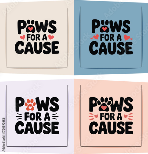 Four square design with paws for a cause text and paw prints