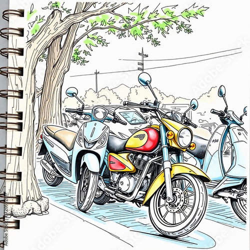 Hand-drawn color sketchnote style illustration, Parqueadero de motos, detailed sketch, expressive lines, varied line weights