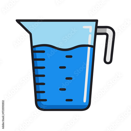 Clear glass measuring cup with blue liquid and markings water