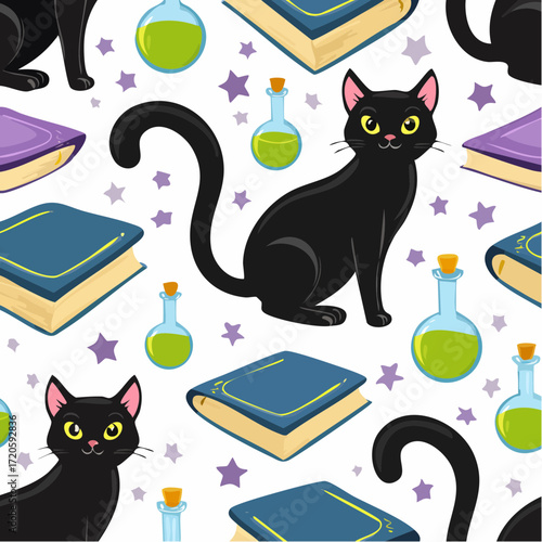 Mystical seamless pattern featuring a witch's black cat familiar, spellbooks, and glowing green potions for a magical Halloween background