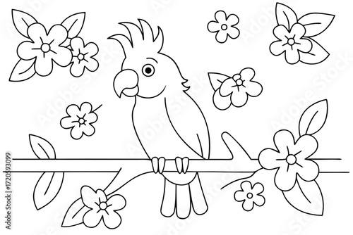 Cute cartoon cockatoo bird sitting on a branch with flowers line art animal