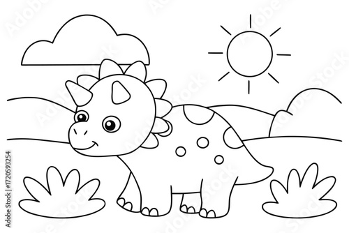 Cute Cartoon Dinosaur Outline with Sun and Hills Keywords: dinosaur, triceratops, cartoon, cute, outline, drawing, illustration, sun, sky, hills
