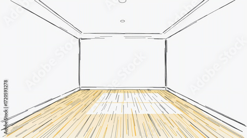 High-resolution photograph of an empty room, depicted as a hand-drawn sketch in color sketchnote style, viewed from a high-angle perspective