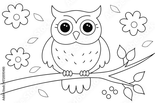 Whimsical cartoon owl with big eyes on a branch line art bird animal