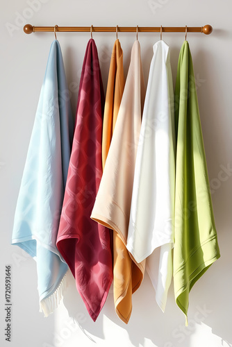 Wallpaper Mural  High-resolution stock photo of a set of various stylish hanging bath towels in different colors, commercial and professional quality, lit by strong hard light, with direct harsh shadows Torontodigital.ca