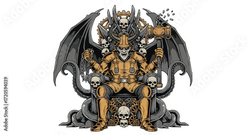 Steampunk Devilish King Enthroned on Gears and Skulls.