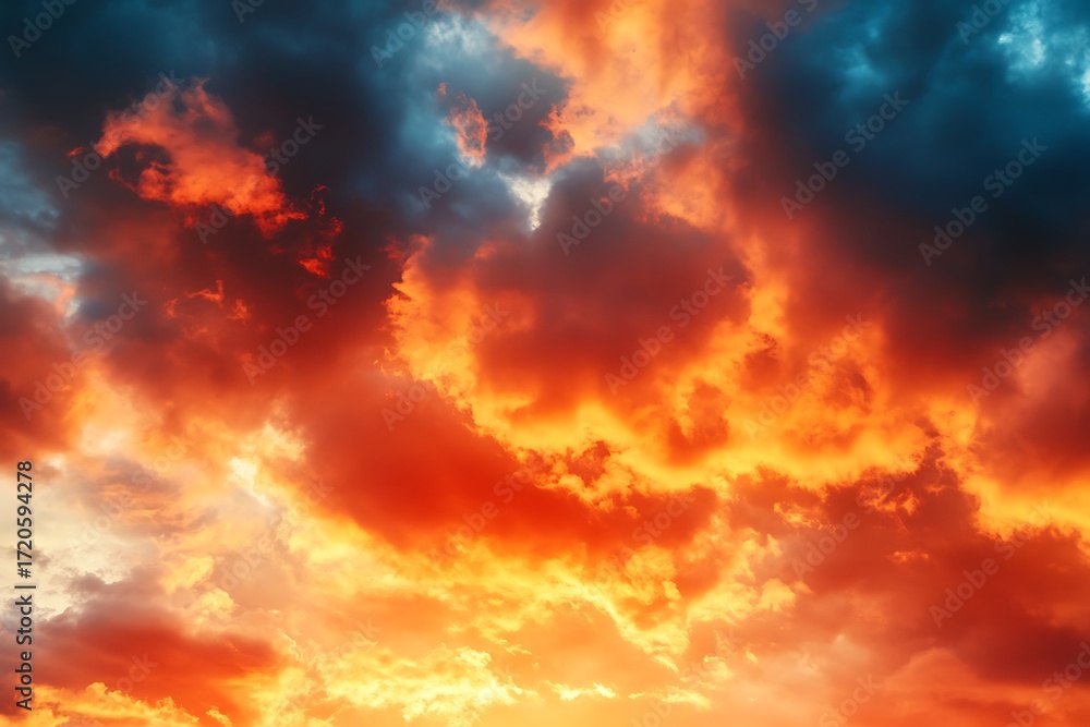 Fototapeta premium Vivid Fiery Sky Intense Orange, Red Clouds with Dark Blue Hues Dramatic Scenery