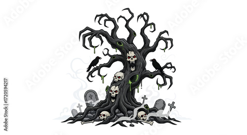 Spooky Halloween Tree with Skulls Ravens Tombstones and Oozing Green Slime.