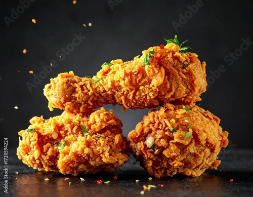 Crispy Fried Chicken Pieces with Spices on Dark Background