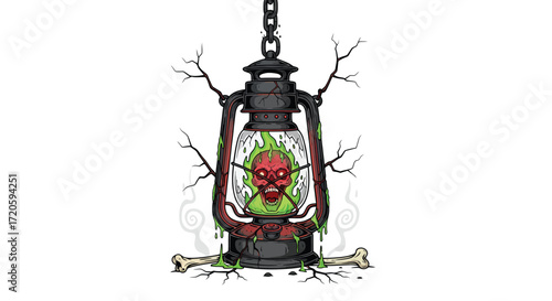 Spooky Lantern with Fiery Skull Bone and Dripping Green Slime.