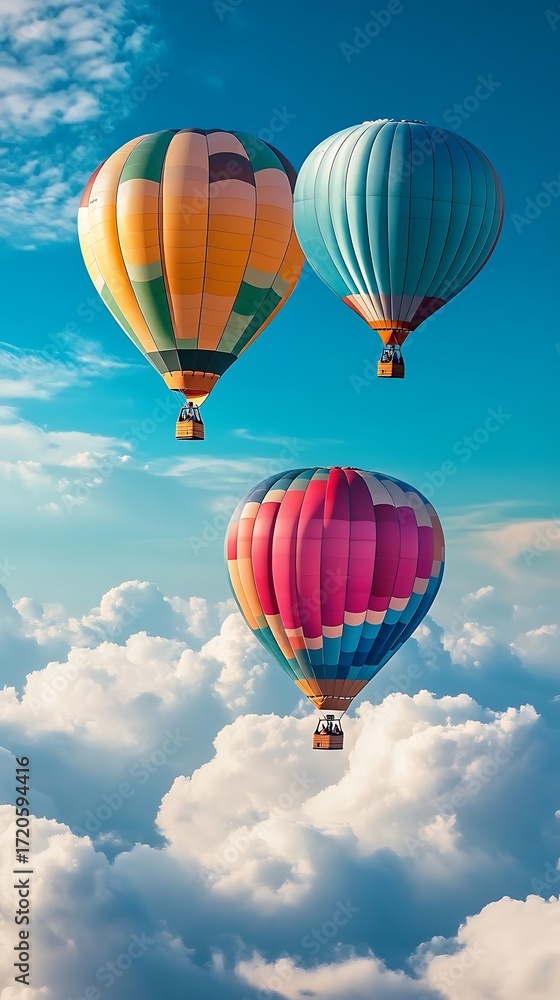 Naklejka premium Vivid Hot Air Balloons Floating Above Clouds, Colorful Balloons in Flight, Blue Sky