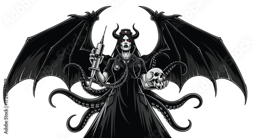 Winged Demon Nurse with Syringe and Skull Tentacles and Horns.